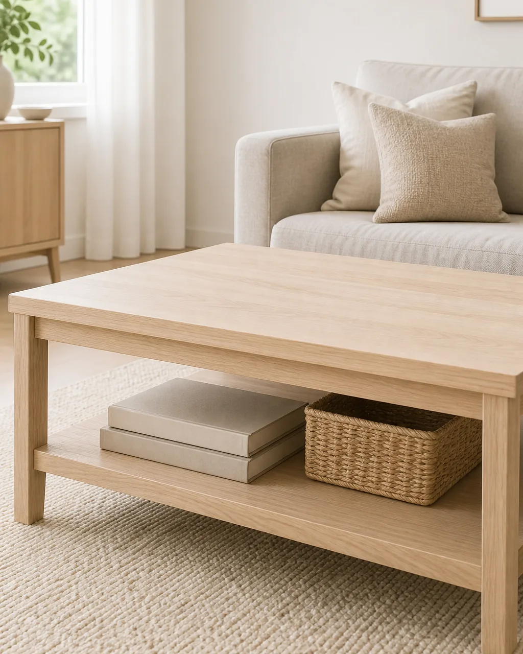 A pale wood coffee table with an open lower shelf holding two stacked books and a small woven basket, in front of a neutral sofa