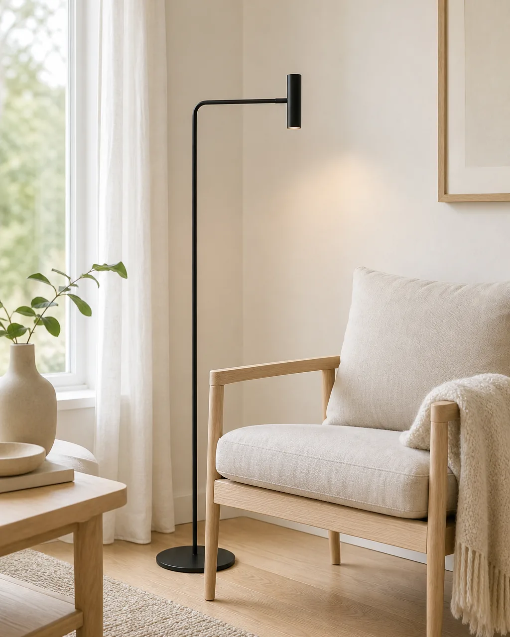 A single thin black metal floor lamp standing beside a pale linen sofa in an otherwise all-neutral Scandinavian living room