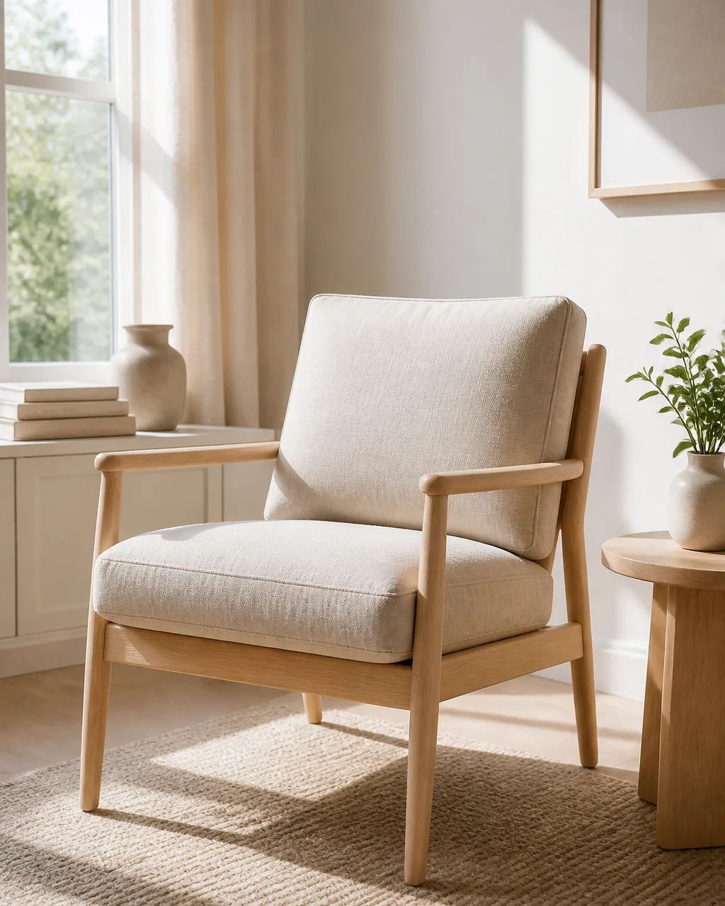 A pale birch wood armchair frame and matching side table in a bright room with white walls and natural light