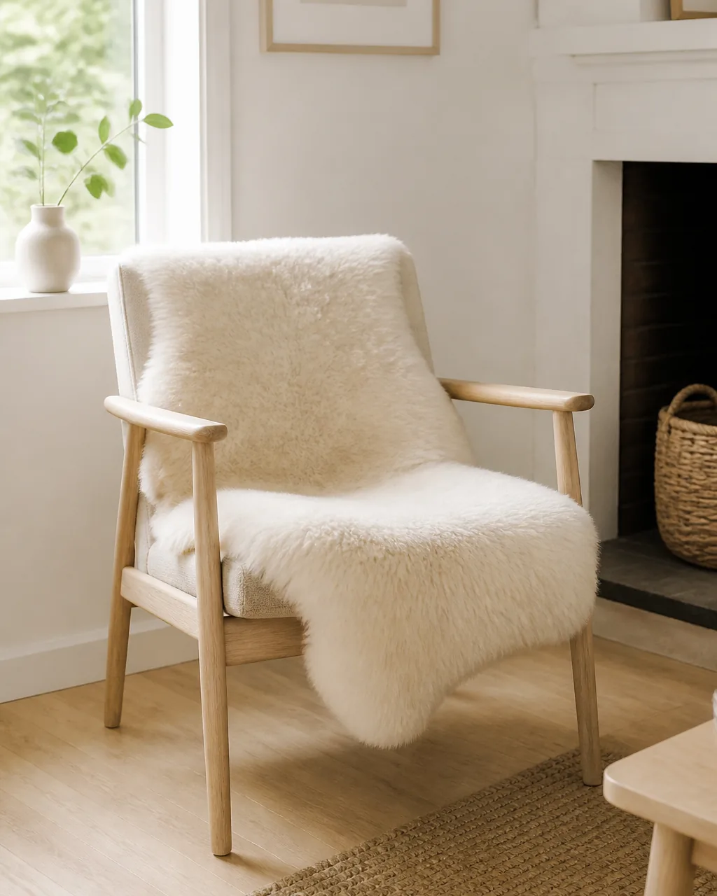 A natural white sheepskin throw draped loosely over the back of a single pale wood accent chair