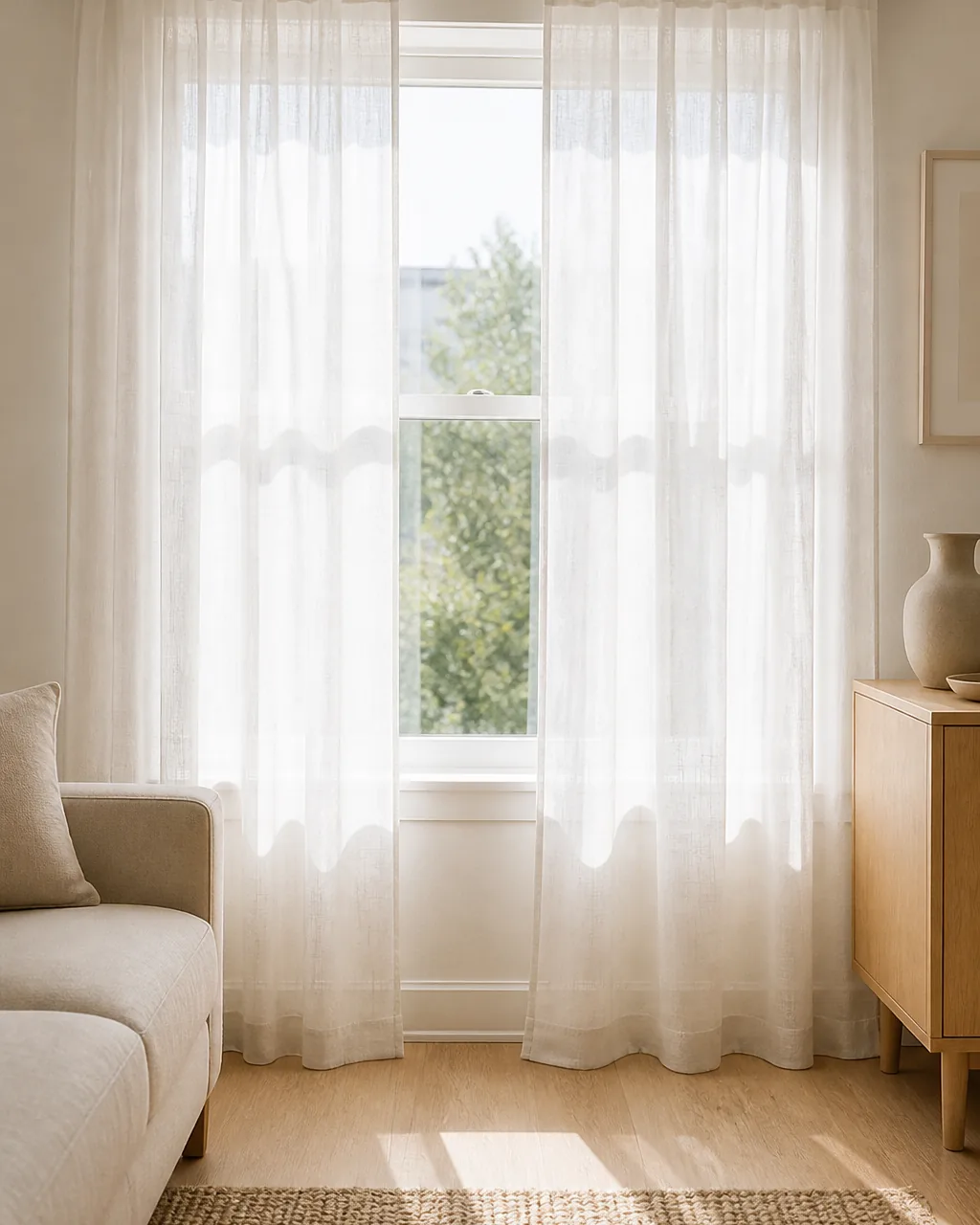 Sheer white linen curtains hanging from ceiling-mounted rods, diffusing soft daylight into a bright Scandinavian living room