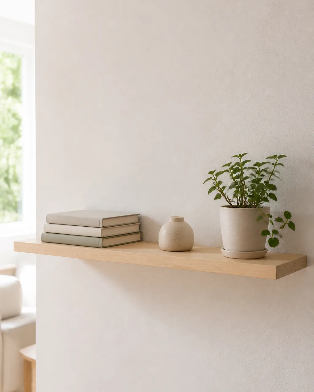 A pale wood floating shelf on a white wall holding a small stack of books, a ceramic vase, and a small potted plant with visible space between each grouping