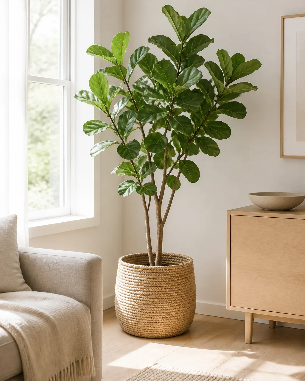 A large fiddle leaf fig plant in a woven basket planter standing beside a window in a bright Scandinavian living room