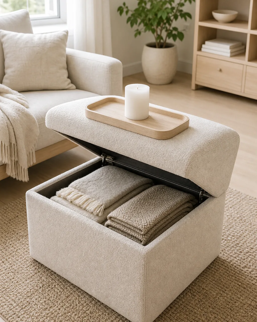 A hinged-top storage ottoman with a natural boucle cover doubling as a coffee table surface and extra seating in a bright living room