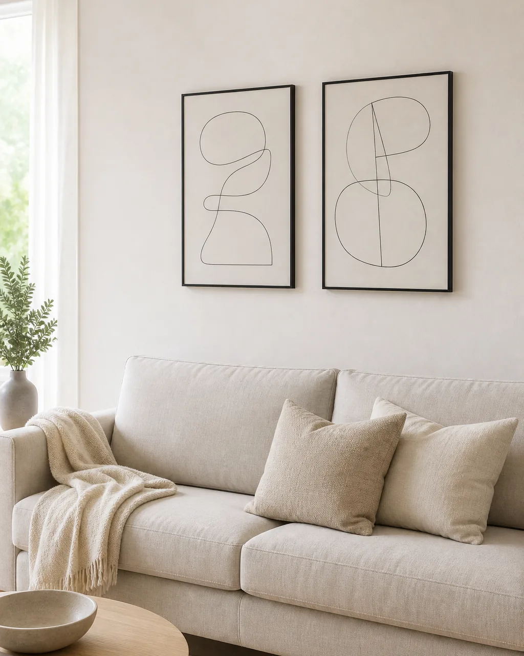 Two thin black picture frames with abstract line art hung in a loose horizontal line at eye level above a sofa