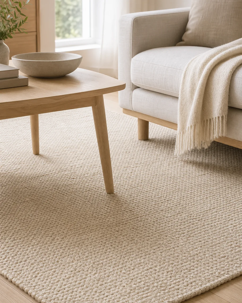 A woven wool rug in an undyed cream tone anchoring a seating area, with a wood coffee table leg and sofa base visible on the rug
