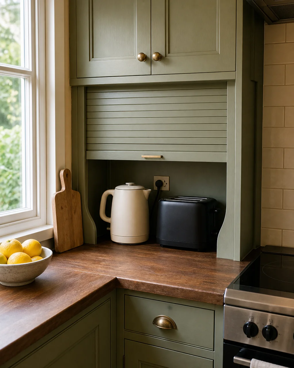 A sage green appliance garage cabinet with its tambour door lifted showing a cream kettle and matte black toaster parked inside with an outlet on the back wall, clear butcher block counter around it