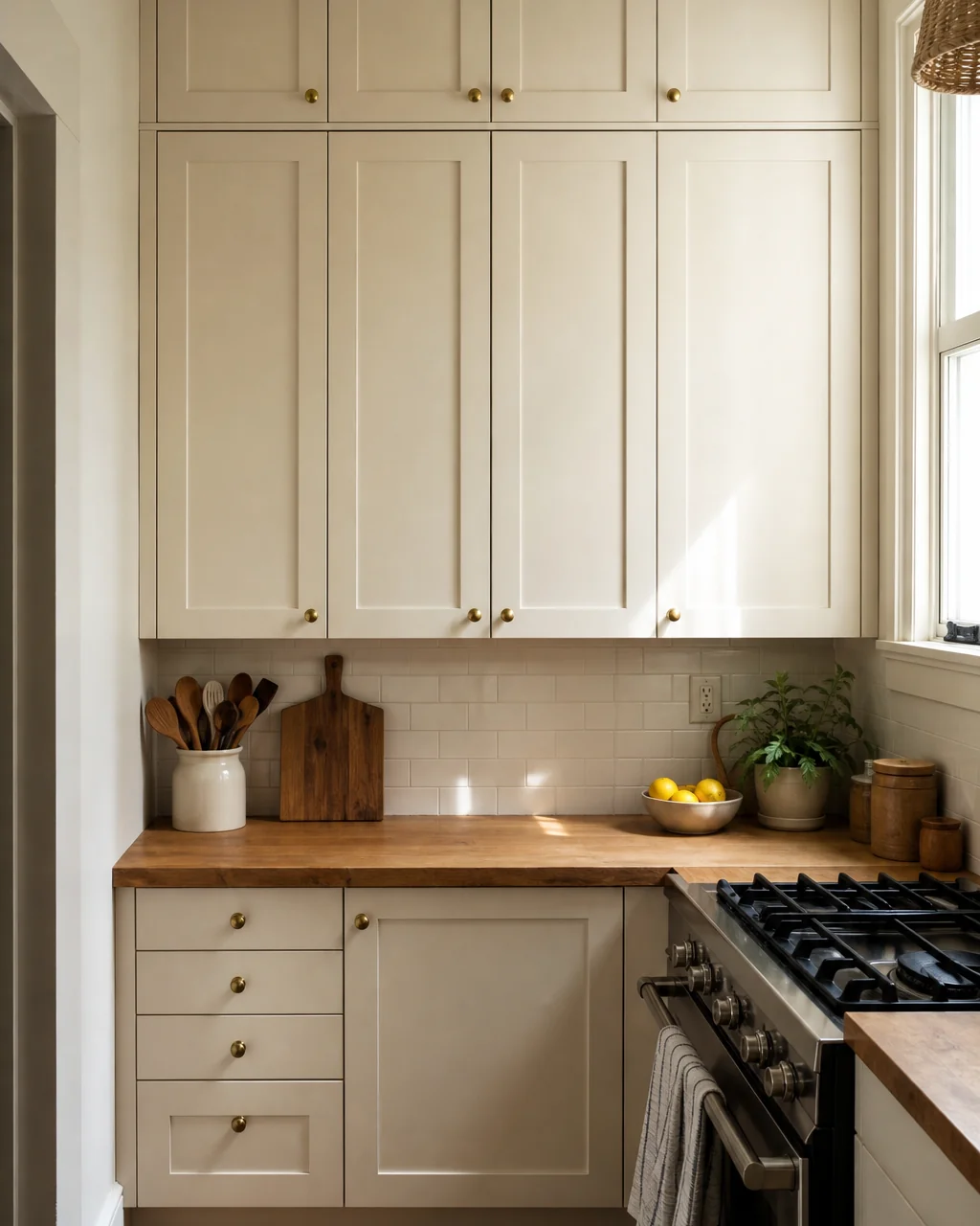 Warm white shaker cabinets stacked in two tiers reaching the ceiling with zero gap, brass knobs aligned vertically, a butcher block counter with a crock of wooden spoons below