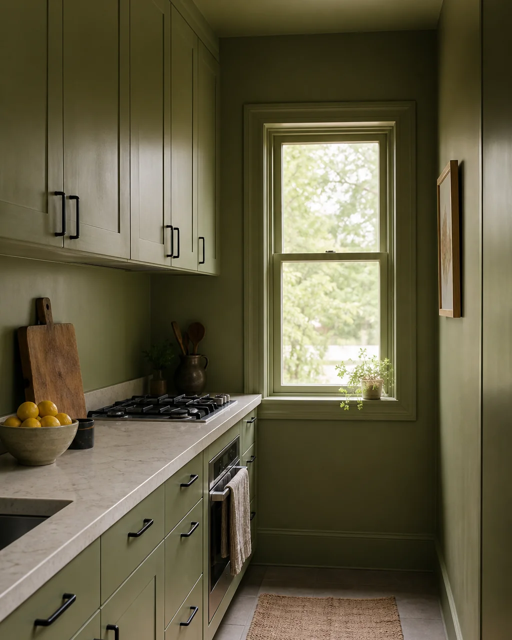 A small galley kitchen drenched in one muted olive green across cabinets, walls, window trim, and ceiling, with matte black pulls, a pale quartz counter, and a window at the galley end