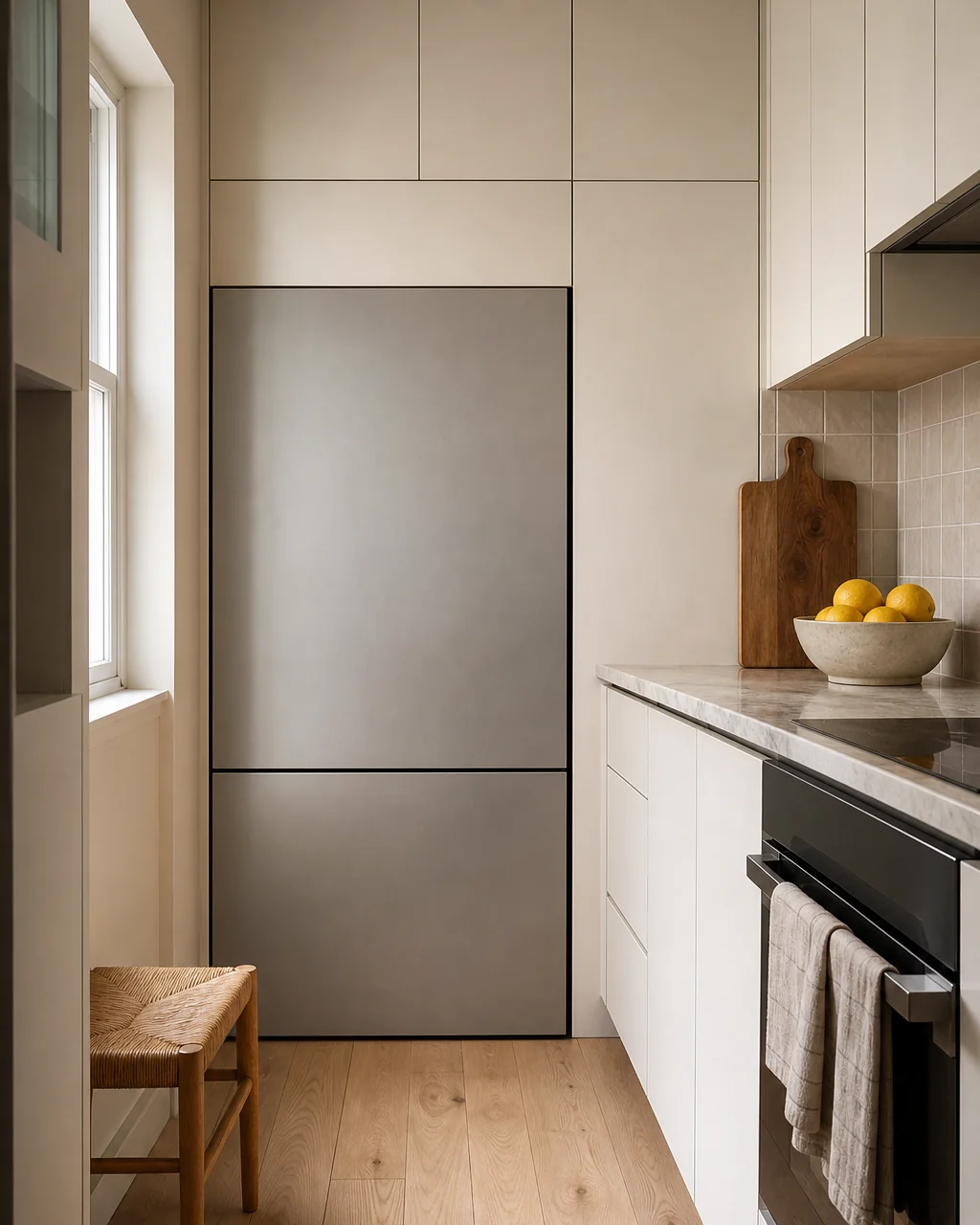 A flat-front counter-depth refrigerator sitting perfectly flush with surrounding cream cabinet fronts, a clear aisle in front with a woven stool at the end of the wood floor