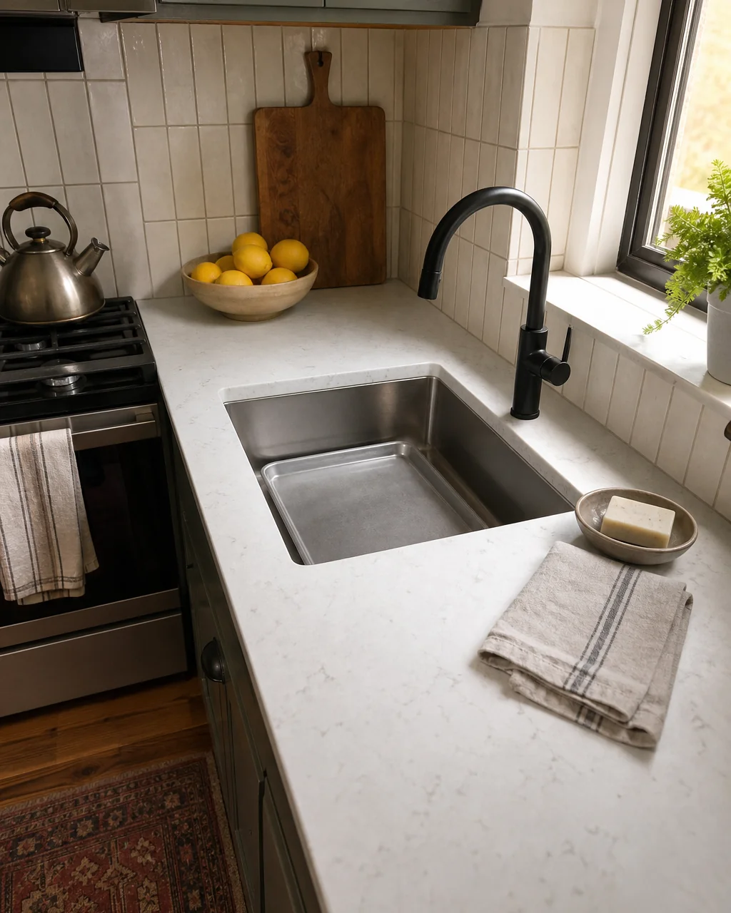 A deep single-basin stainless undermount sink holding a sheet pan lying completely flat, a matte black faucet above, white quartz counter with a folded linen towel and soap dish beside it