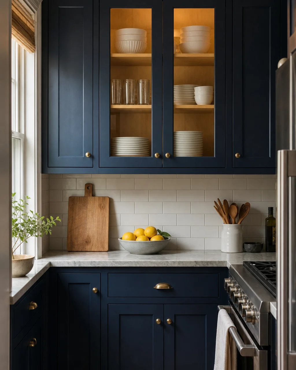 Deep navy upper cabinets where two doors have clear glass fronts revealing neatly stacked white dishware and glass tumblers, warm light glowing inside, honed stone counter with a bowl of lemons below