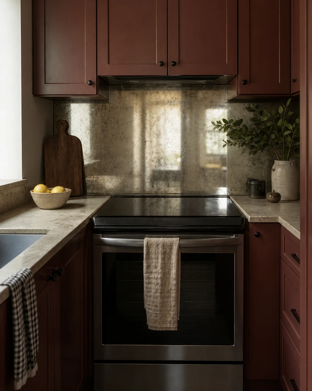 An antique mirror backsplash panel behind a slide-in range reflecting soft window light, rust red cabinets and a stone counter around it, a ceramic vase of greenery to the side
