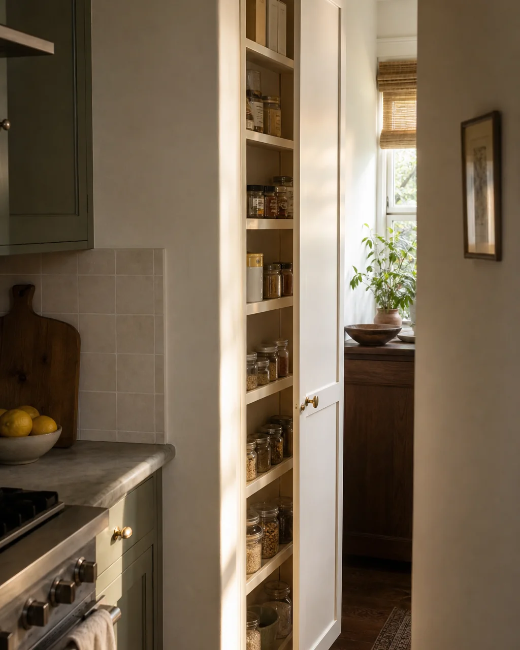 A floor-to-ceiling run of shallow cream pantry cabinets on a narrow wall with one door open showing single-row shelves of jars, the open door barely projecting into the aisle