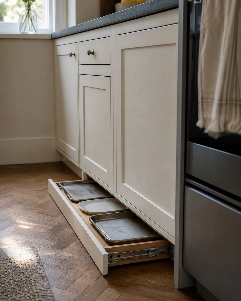 A shallow toe-kick drawer under cream base cabinets pulled halfway open on metal glides, holding two sheet pans and a flat serving platter, herringbone wood floor in front