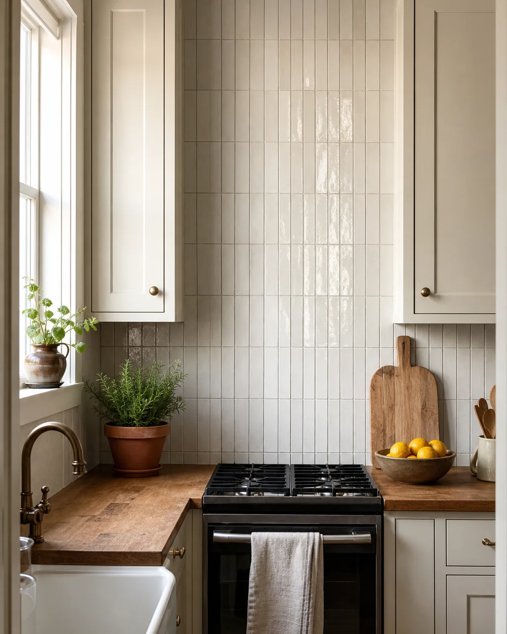 Slim white tiles stacked vertically in a straight grid running from a butcher block counter up past the cabinet line, a white farmhouse sink with a brass faucet and a potted rosemary in front