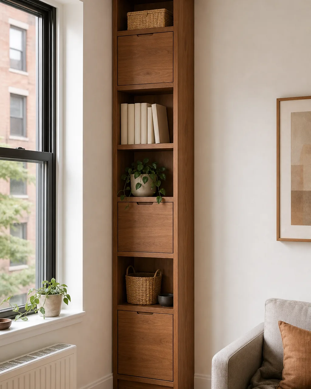 A tall narrow wooden shelf unit fitted into the corner of a small apartment, floor to ceiling, alternating open shelves with books and plants and closed cubby boxes