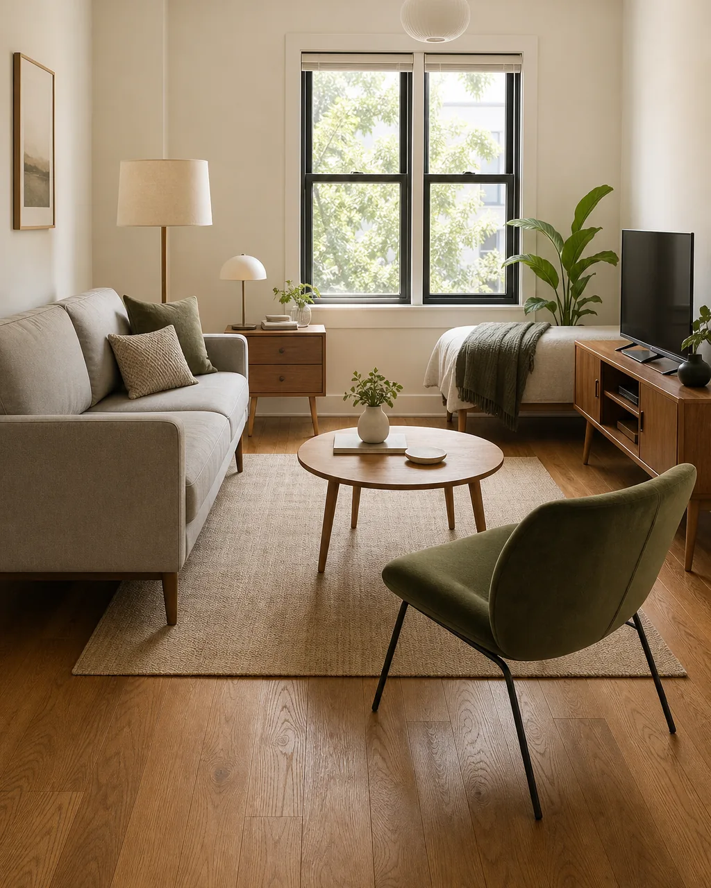 A small apartment with every piece of furniture on visible tapered legs: mid-century sofa, nightstand on brass legs, TV console on oak legs, accent chair on metal legs, continuous visible floor beneath