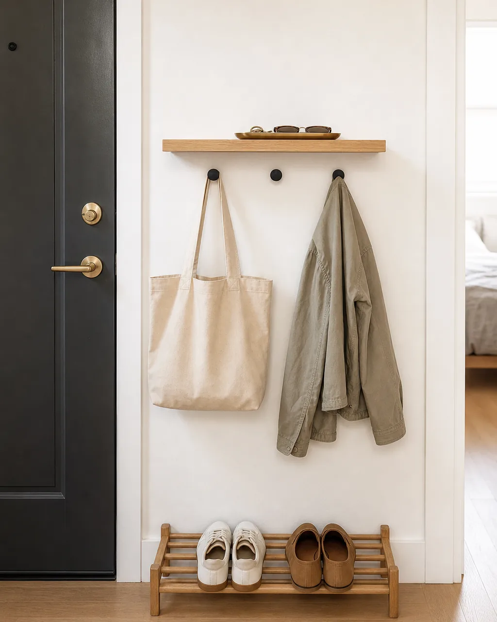 A narrow drop zone inside a small apartment front door: floating oak shelf at waist height with a brass tray, three matte black hooks below with a bag and jacket, slim shoe rack on the floor