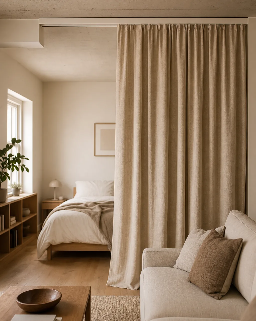 A studio apartment with a ceiling-mounted curtain track and heavy natural linen curtain half-drawn to divide the sleeping area from the living area, the curtain hanging from a minimal white ceiling track