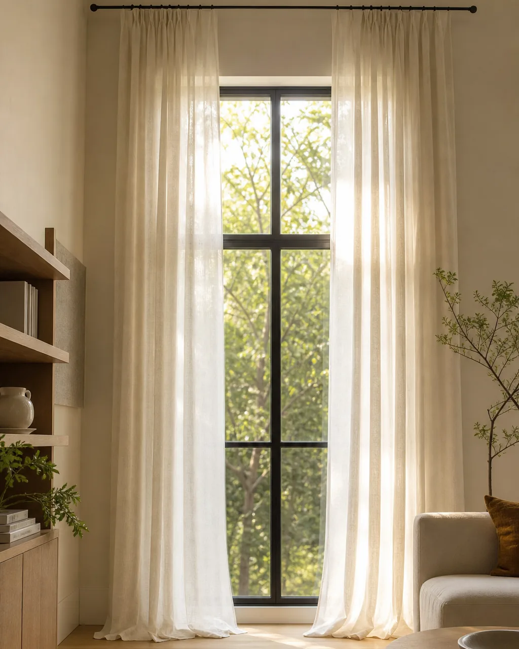 A tall window in a small apartment with floor-to-ceiling sheer white linen curtains mounted at the ceiling line, the rod extending past the window frame, curtains pooling on the light wood floor