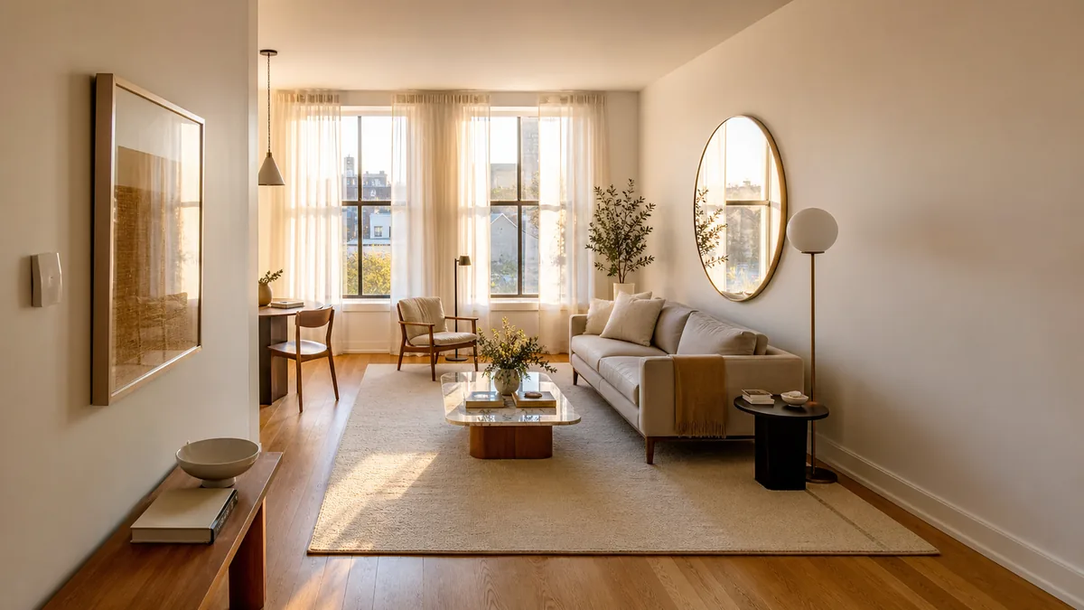 A bright small apartment living area with defined zones using area rugs, a sofa on tapered legs, floor-to-ceiling sheer linen curtains, and a large round mirror reflecting window light