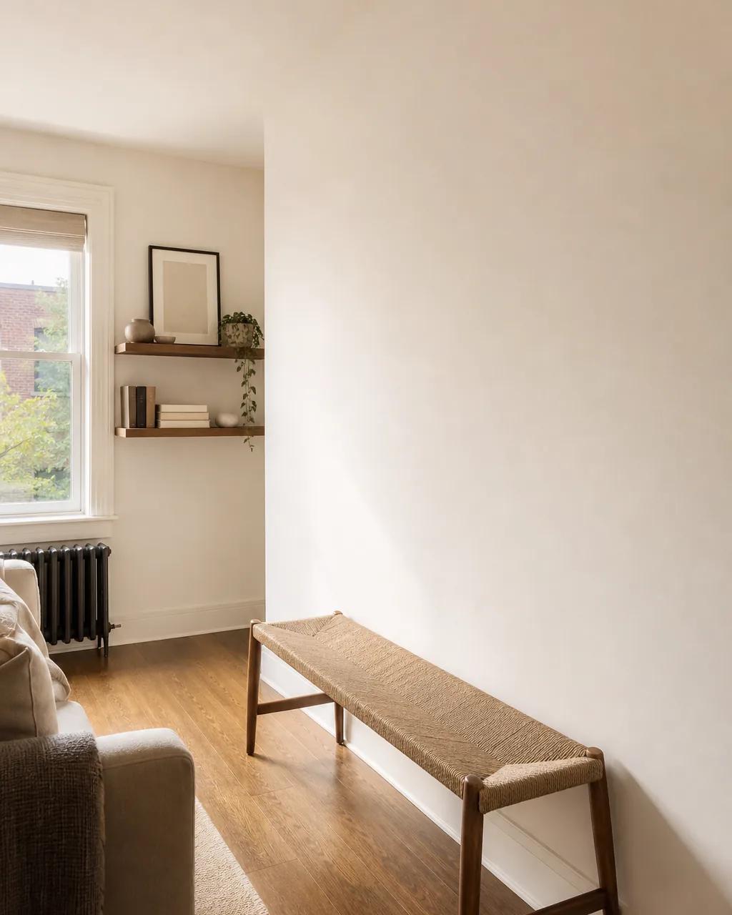A small apartment room with one wall completely bare and painted warm white, natural light bouncing off its clean surface, a simple bench sitting a few inches from the wall