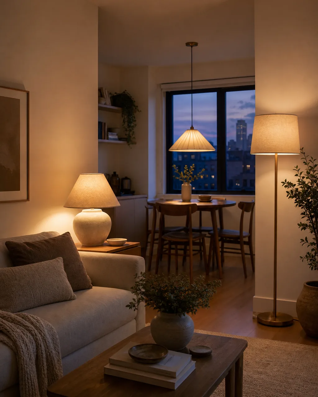 A small apartment living room at dusk with three light sources: a ceramic table lamp on a side table, a tall brass floor lamp in the corner, and a pendant light over a dining table in the background