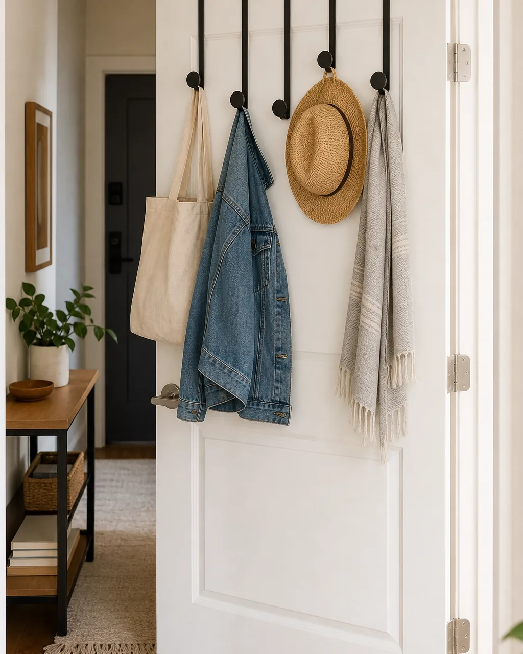 The back of a white apartment door with five matte black over-the-door hooks holding a canvas tote bag, denim jacket, straw hat, and lightweight scarf, warm wood floor visible below