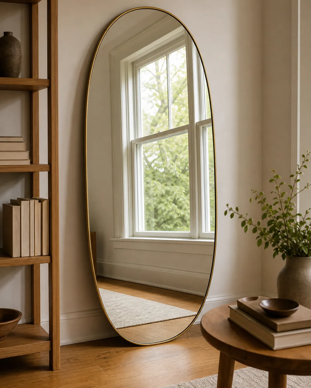 A large floor-length oval mirror with a thin brass frame leaning against the wall opposite a bright window, reflecting the window light and greenery outside, doubling the perceived depth of the room