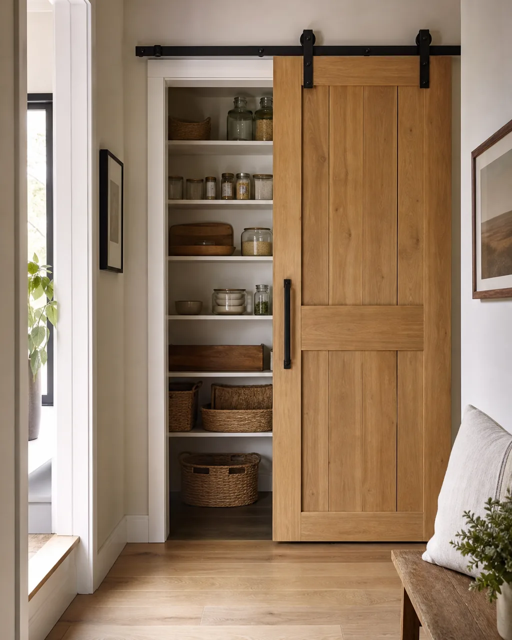 A small apartment hallway with a barn-style sliding door on a matte black track slid open to reveal a pantry, natural wood plank door, track hardware visible above the frame