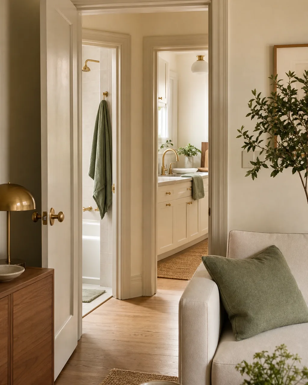 A view through an open doorway showing one color palette threading through a small apartment: cream walls, sage green textiles in the living room and kitchen, matte brass hardware on doors and fixtures