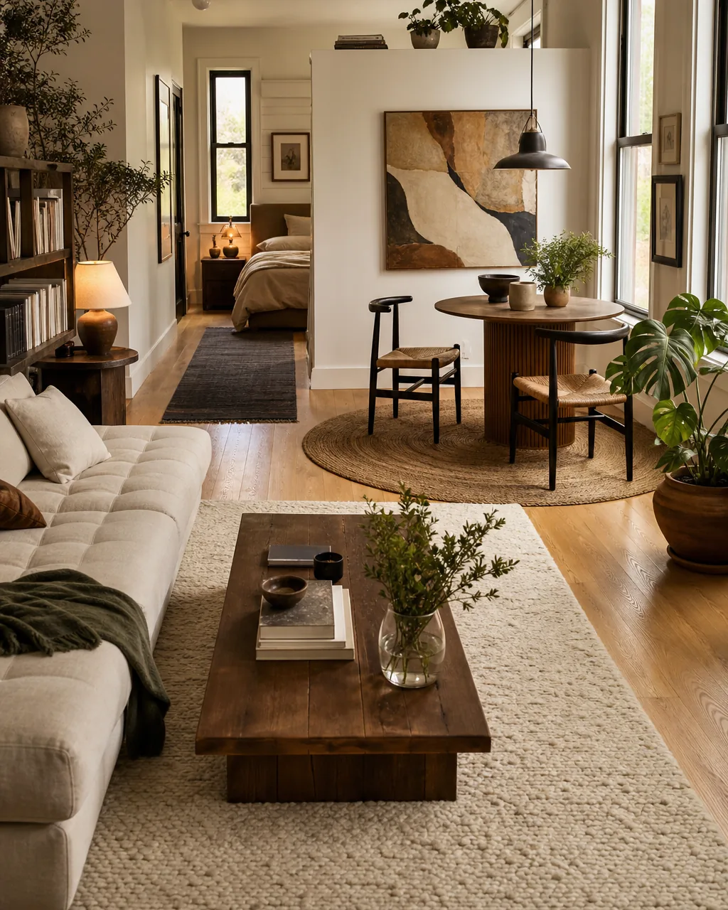 A small open-plan apartment with three area rugs defining separate zones: cream wool rug under a low sofa, round jute rug under a dining table, and a dark runner leading to the sleeping area