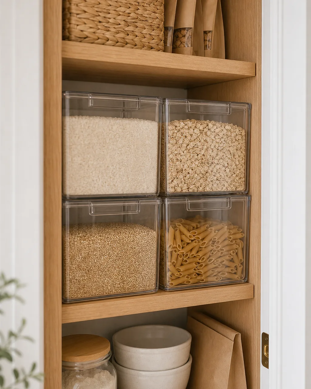 Twelve identical clear stackable bins filled with rice, oats, pasta, and beans, stacked two-wide and six-high to fill a narrow pantry shelf section completely