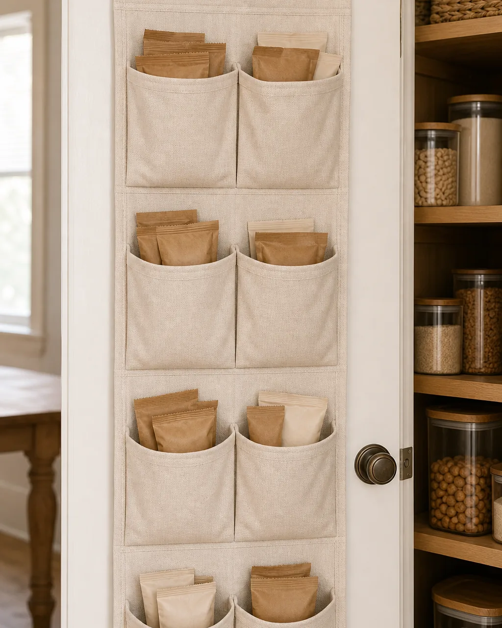A canvas over-the-door pocket organizer with eight fabric pockets holding folded kraft paper bags and cream snack pouches, mounted on a pantry door with a brass doorknob and shelving visible behind it