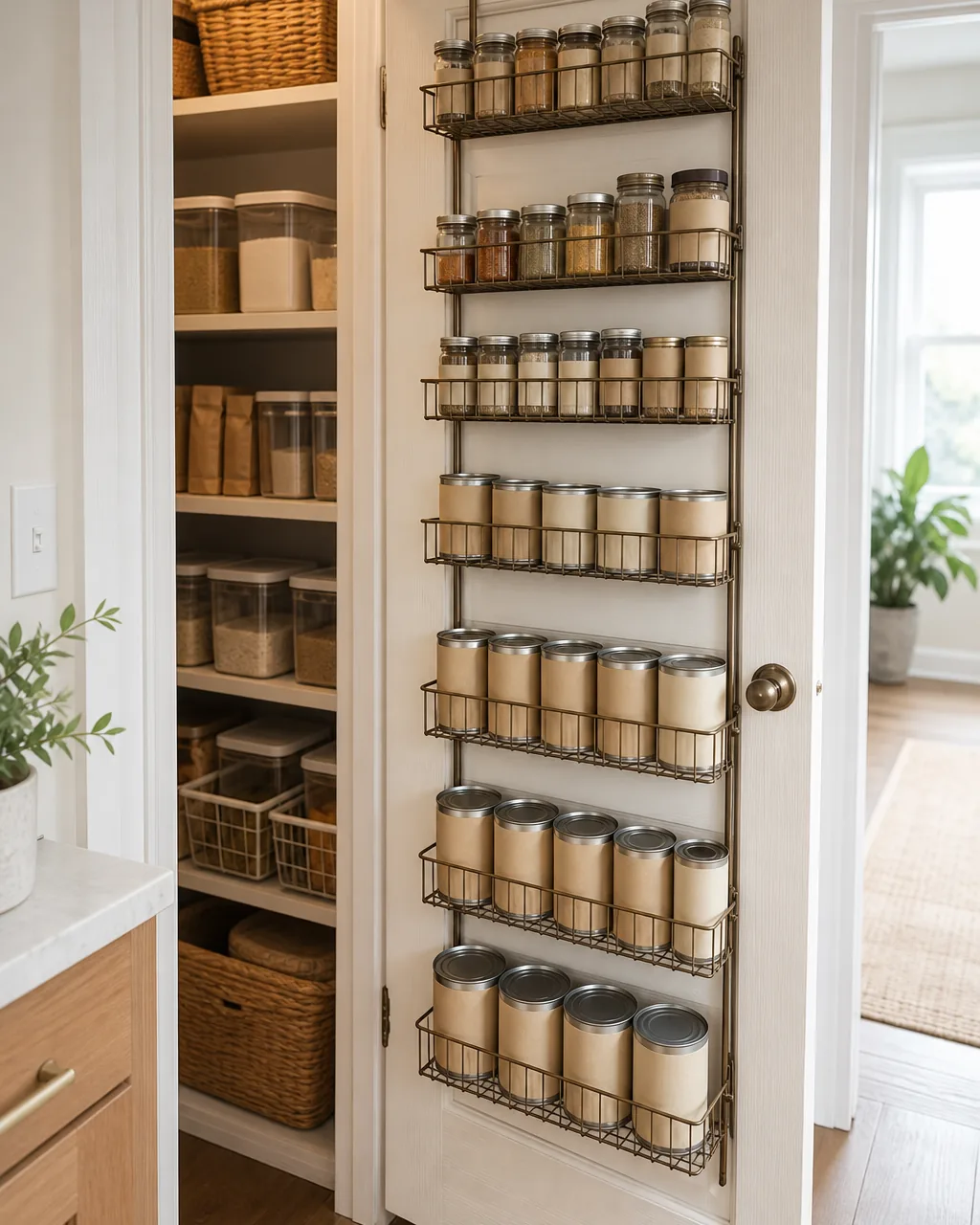 A tiered bronze wire rack mounted on the back of a pantry door, holding rows of spice jars, kraft-wrapped canisters, and canned goods, with more open shelving visible through the doorway