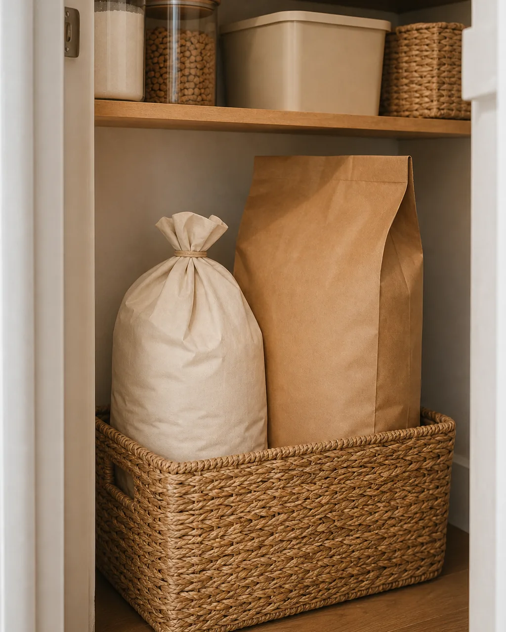 A large woven basket on the pantry floor holding a soft cream fabric sack and a large kraft paper bag, tucked into the base of the pantry beneath the shelving