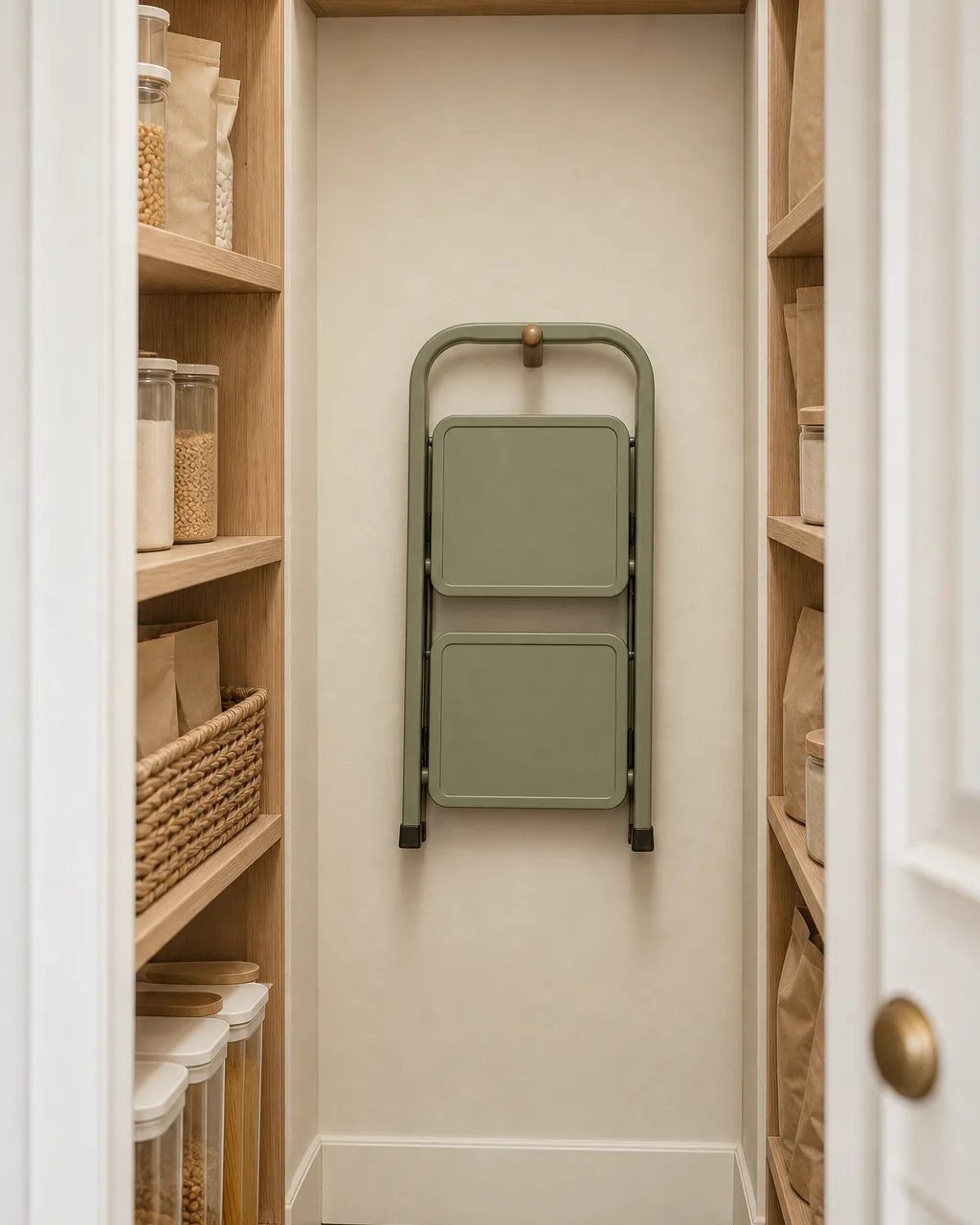 A slim green folding step stool hung flat against the back wall of a narrow pantry alcove on a wall hook, with shelving of jars and woven baskets visible on either side