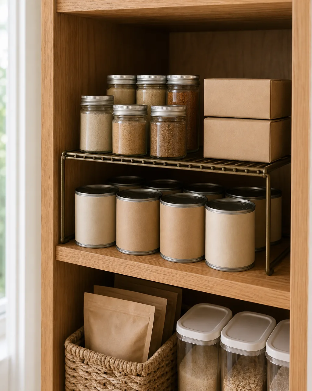 A close-up of a wooden pantry shelf with a bronze wire half-shelf riser added above stacked spice jars and kraft boxes, with canned goods lined up underneath the riser