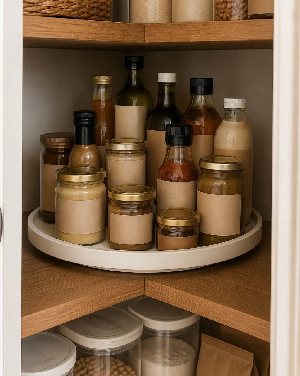 A white round lazy Susan turntable on a pantry shelf loaded with condiment bottles and jars with kraft-paper wrapped labels, positioned in a shelf corner with a woven basket above and glass jars of grains below