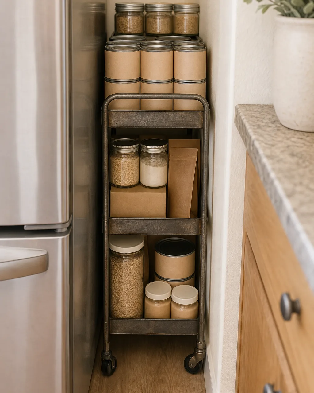 A narrow three-tier metal rolling cart wedged into a slim gap beside a refrigerator, holding canned goods, jars, and kraft paper bags of grains, tucked into a corner near a countertop