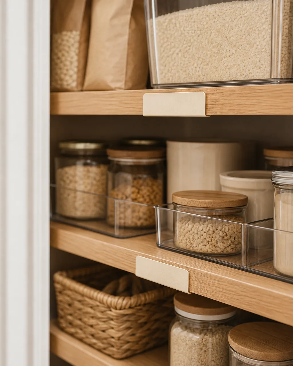 A close-up of a wooden pantry shelf edge with a blank cream label strip, above a shelf holding a clear bin of rice and glass jars of grains with kraft paper labels