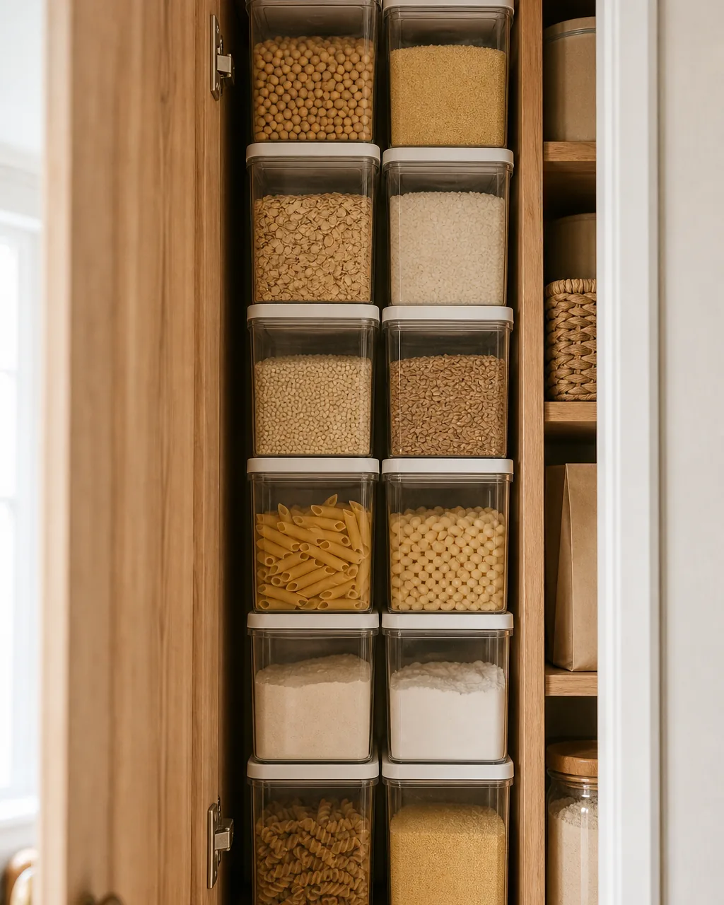 Twelve identical clear airtight containers filled with pasta, rice, beans, and grains, stacked in a tight two-by-six grid that fills a narrow pantry shelf section from top to bottom