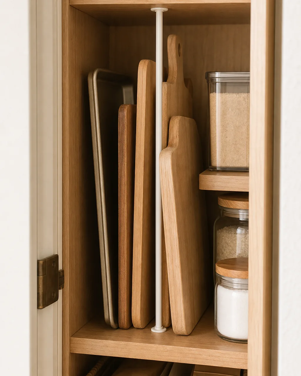A white tension rod mounted vertically between two pantry shelves, holding baking sheets and wooden cutting boards upright on their side, next to jars of rice and salt on the shelf