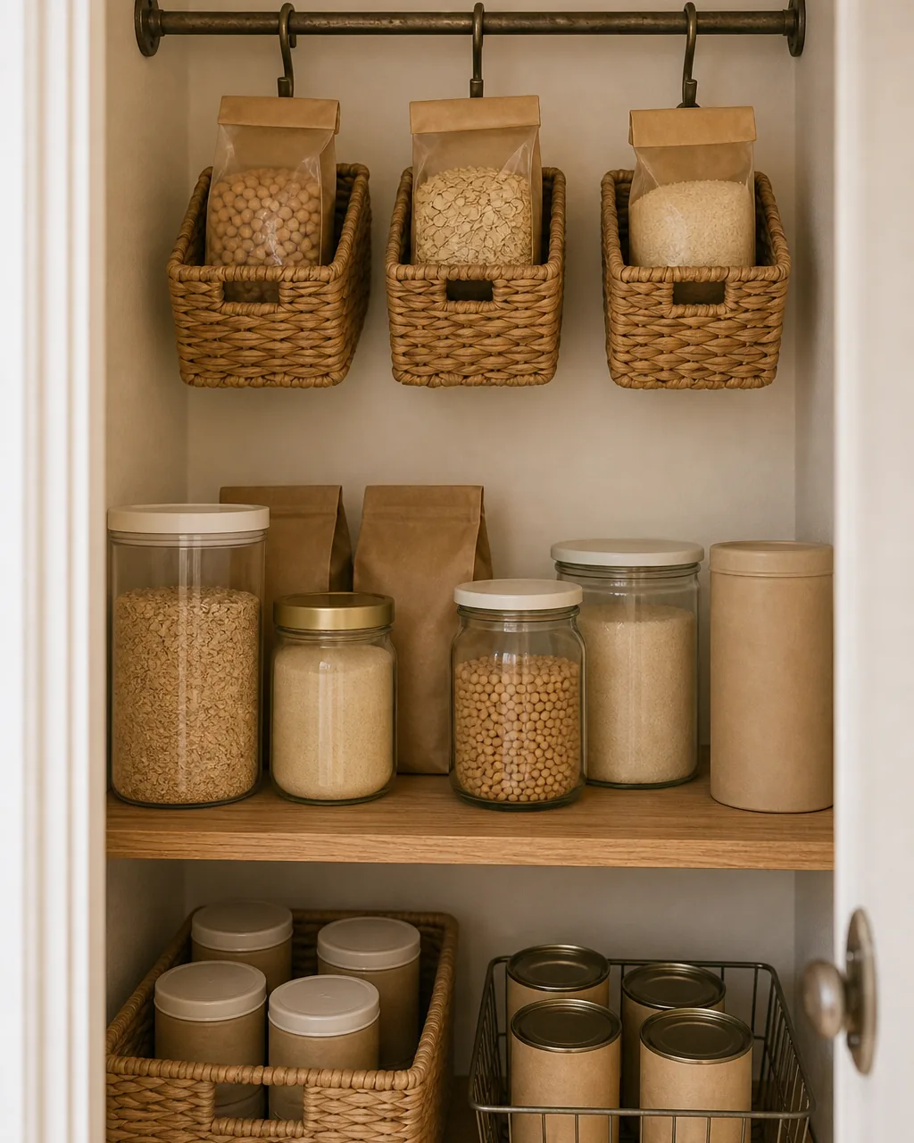 A dark metal rail mounted on the wall above a pantry's top shelf, holding three hanging woven baskets filled with kraft paper bags of grains, with shelves of glass jars and canisters visible below