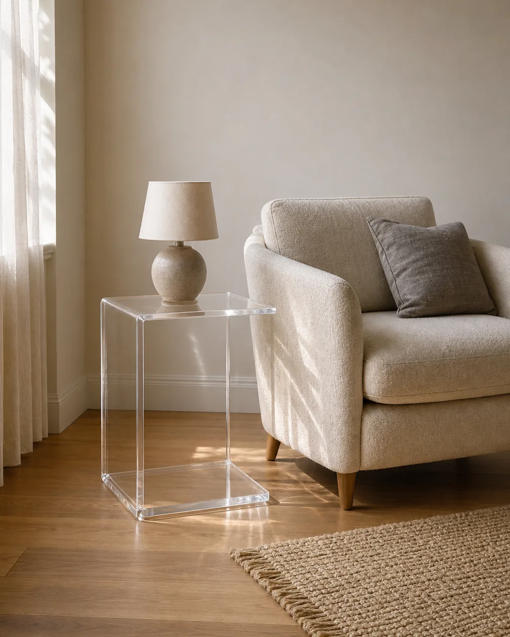 A clear acrylic side table next to an upholstered armchair in a small living room corner, a table lamp with a warm glow on the acrylic table, the floor and wall behind the table visible through the transparent material