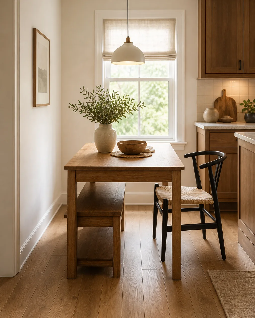 A narrow kitchen dining nook with a backless wooden bench tucked completely flush under a rectangular dining table, one simple dining chair on the opposite side, a small pendant light hanging above