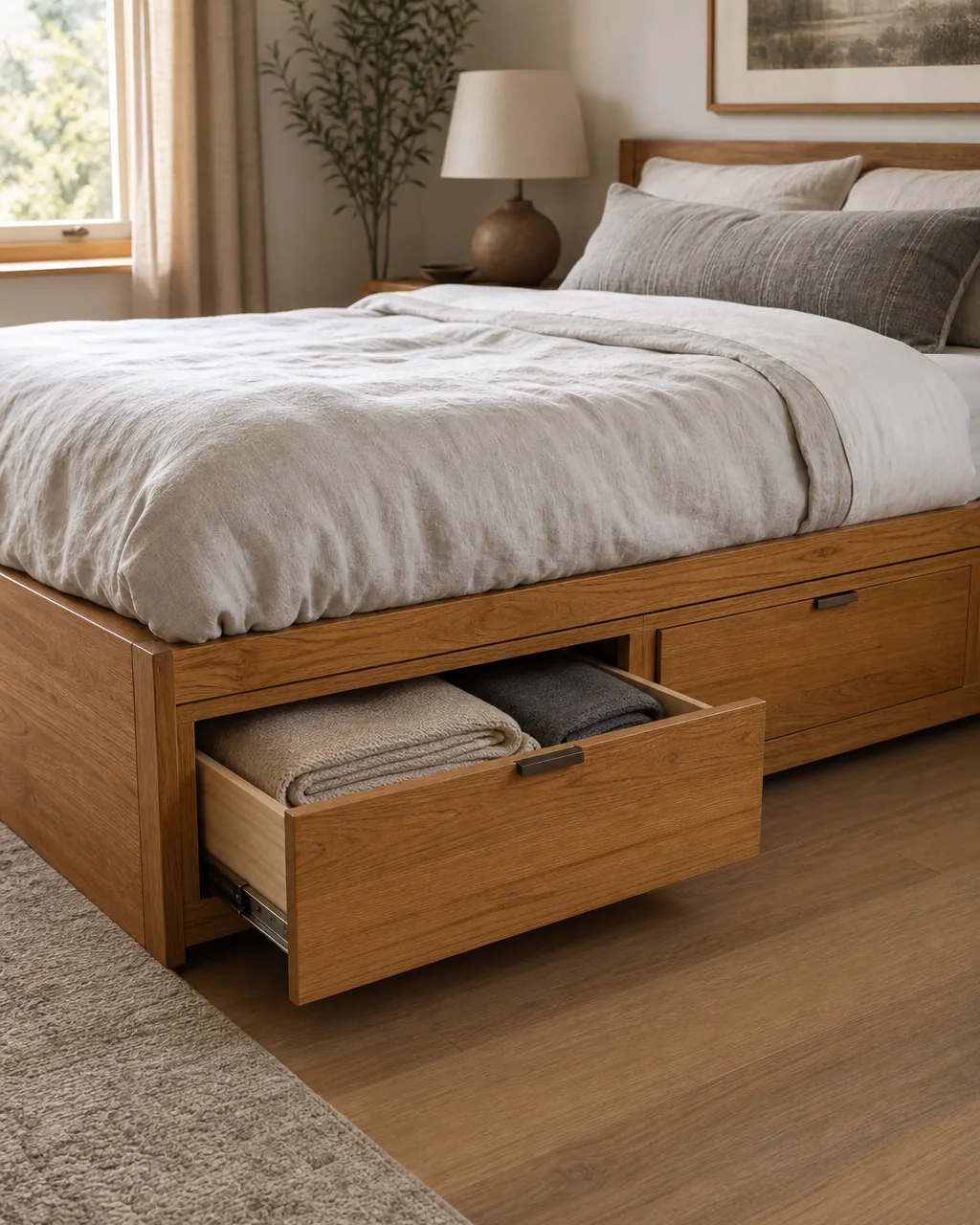 A platform bed with two large built-in storage drawers visible from a three-quarter angle, one drawer partially pulled open revealing neatly folded blankets inside, simple white and gray linens
