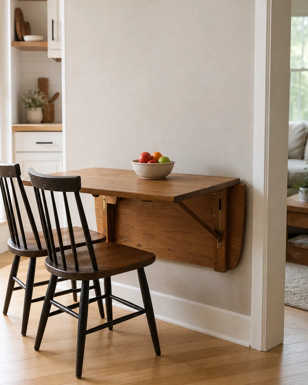 A compact wooden drop-leaf dining table with one leaf extended and the other folded down against a kitchen wall, two chairs at the extended side, a fruit bowl on the surface, the hinge mechanism visible