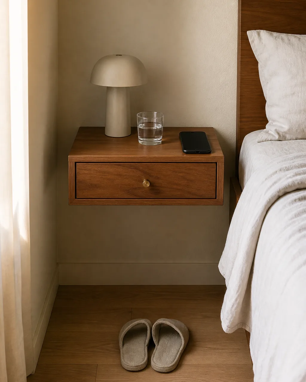 A wall-mounted floating shelf with a small built-in drawer serving as a nightstand next to a bed with white linens, a phone, reading lamp, and glass of water on the shelf, slippers visible on the open floor below